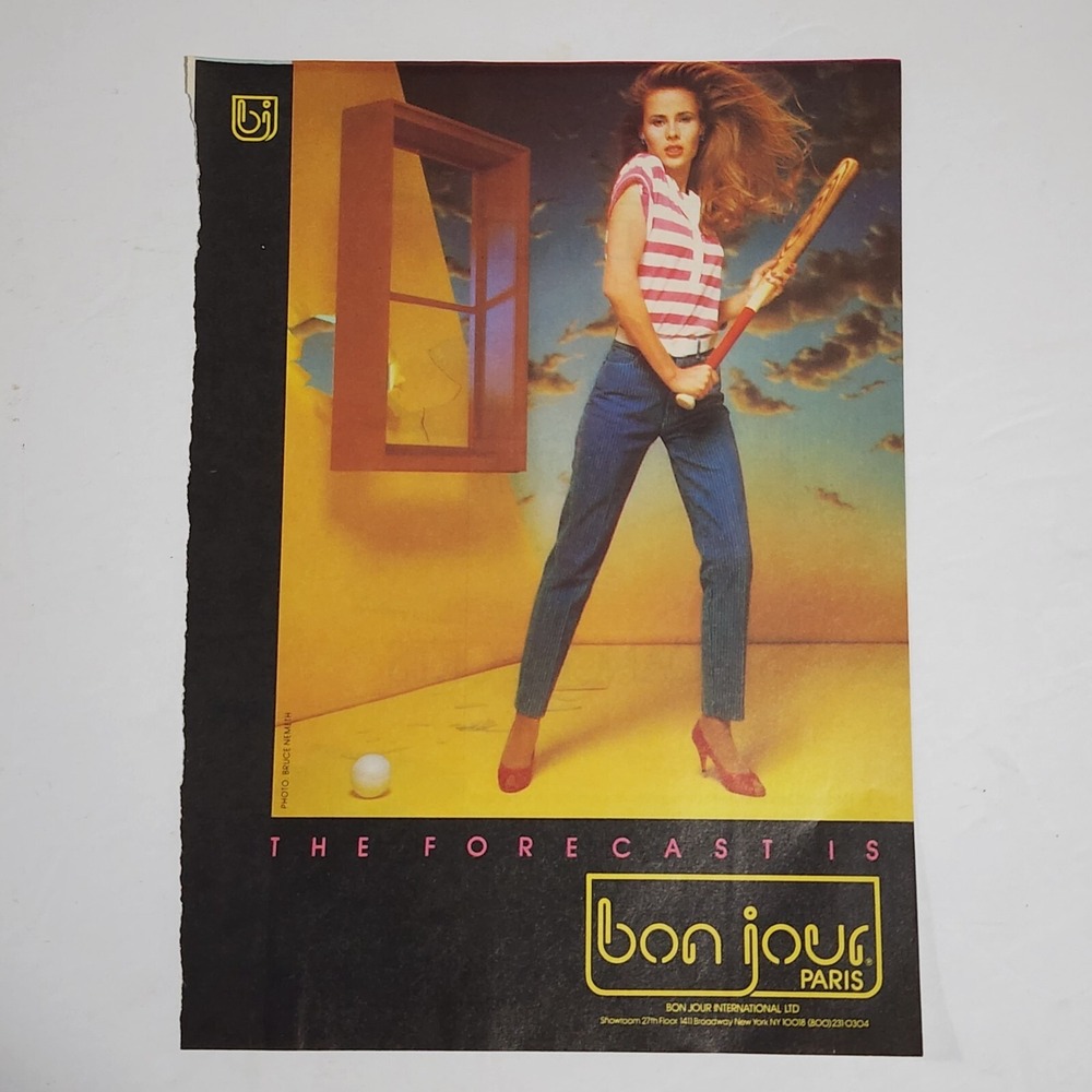 Vintage 1983 Bon Jour Paris Jeans Print Ad Model Baseball Bat Clipping 8x10.5